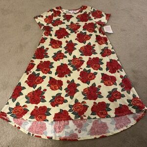 NWT LULAROE CARLY SWING DRESS RED ROSES FLORAL PRINT HIGH-LOW HEMLINE SIZE L